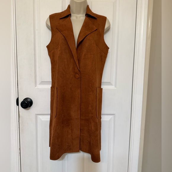 NWT Tan Faux Suede Sleeveless Trench Vest Longline Fall Layering Size S - Picture 3 of 4